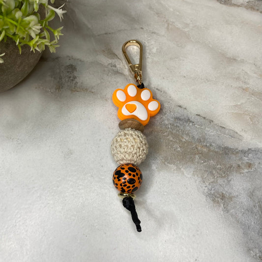 Keychain - Silicone & Wood Bead - Orange Paw