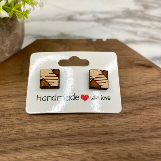 Wooden Stud Earrings - Checkered Square