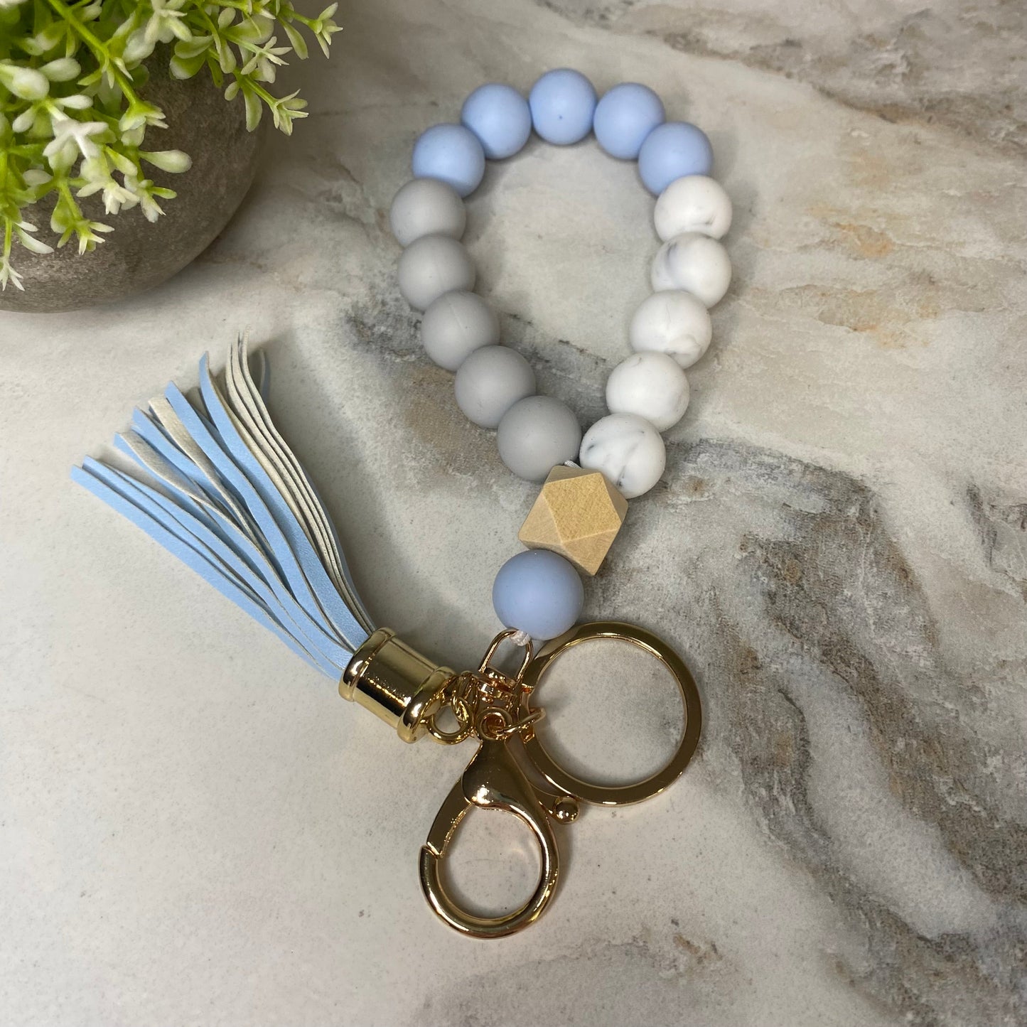 Silicone Bracelet Keychain with Wood Bead & Tassel - Dusty Blue