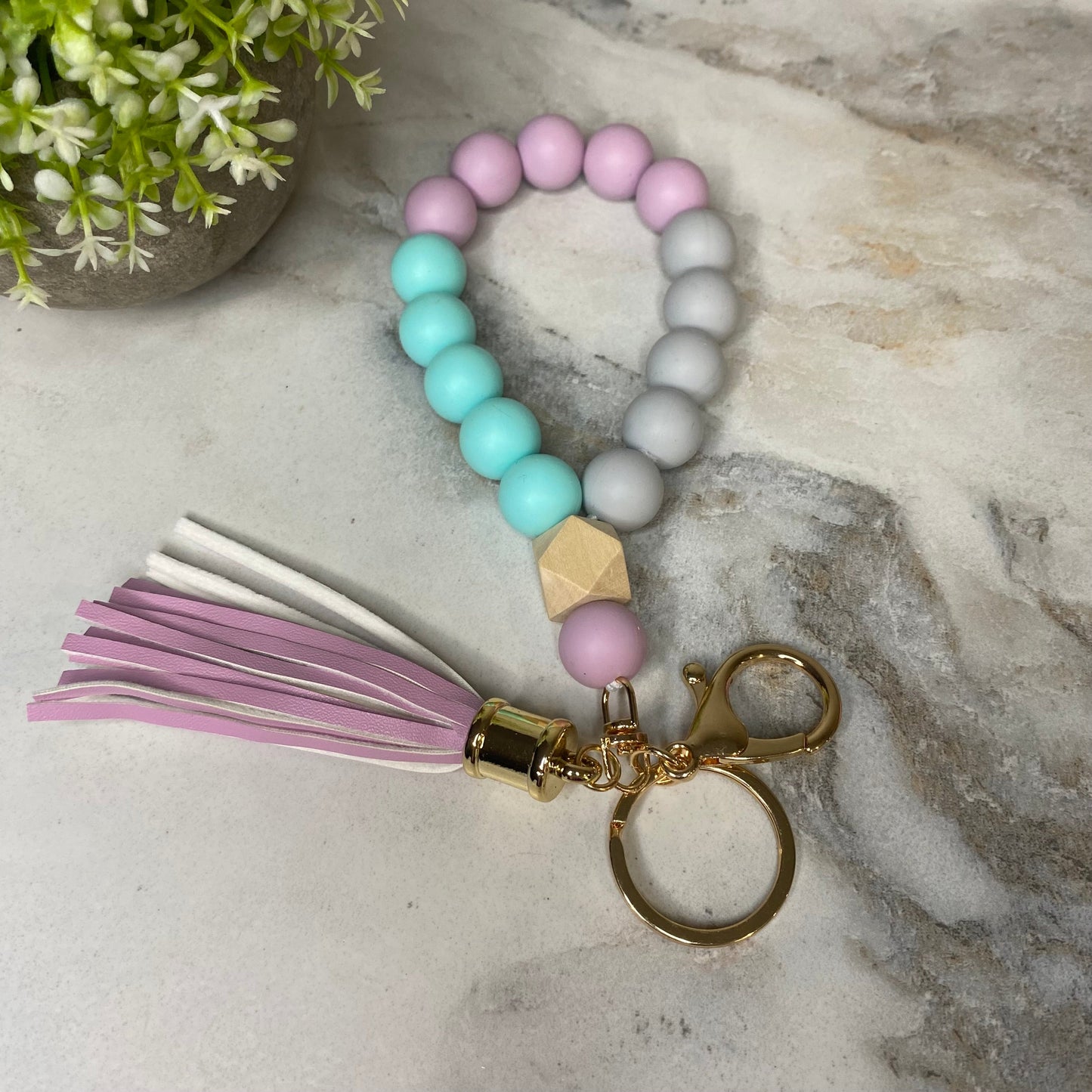 Silicone Bracelet Keychain with Wood Bead & Tassel - Lavender & Aqua