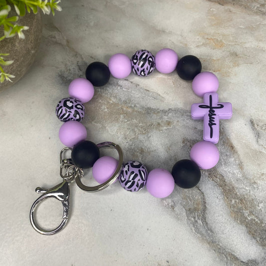 Silicone & Wood Bracelet Keychain - Religious, Jesus, Purple