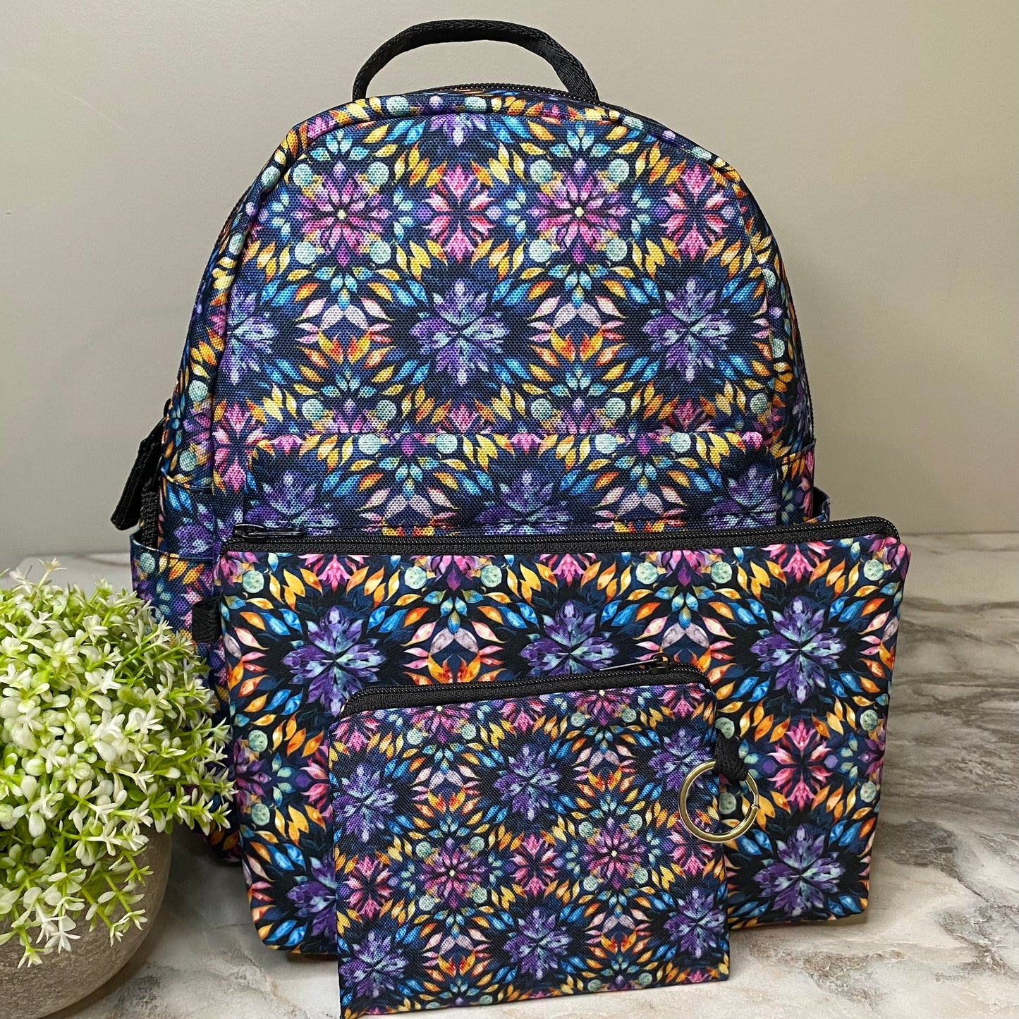 Mini Backpack, Pouch, & Mini Pouch Bundled Set - Bold Purple Orange Pink Tie Dye