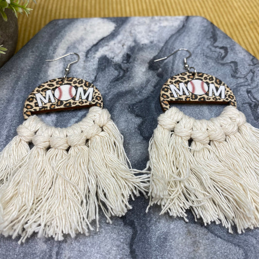 Wood & Macrame Earrings - Half Baseball Mom
