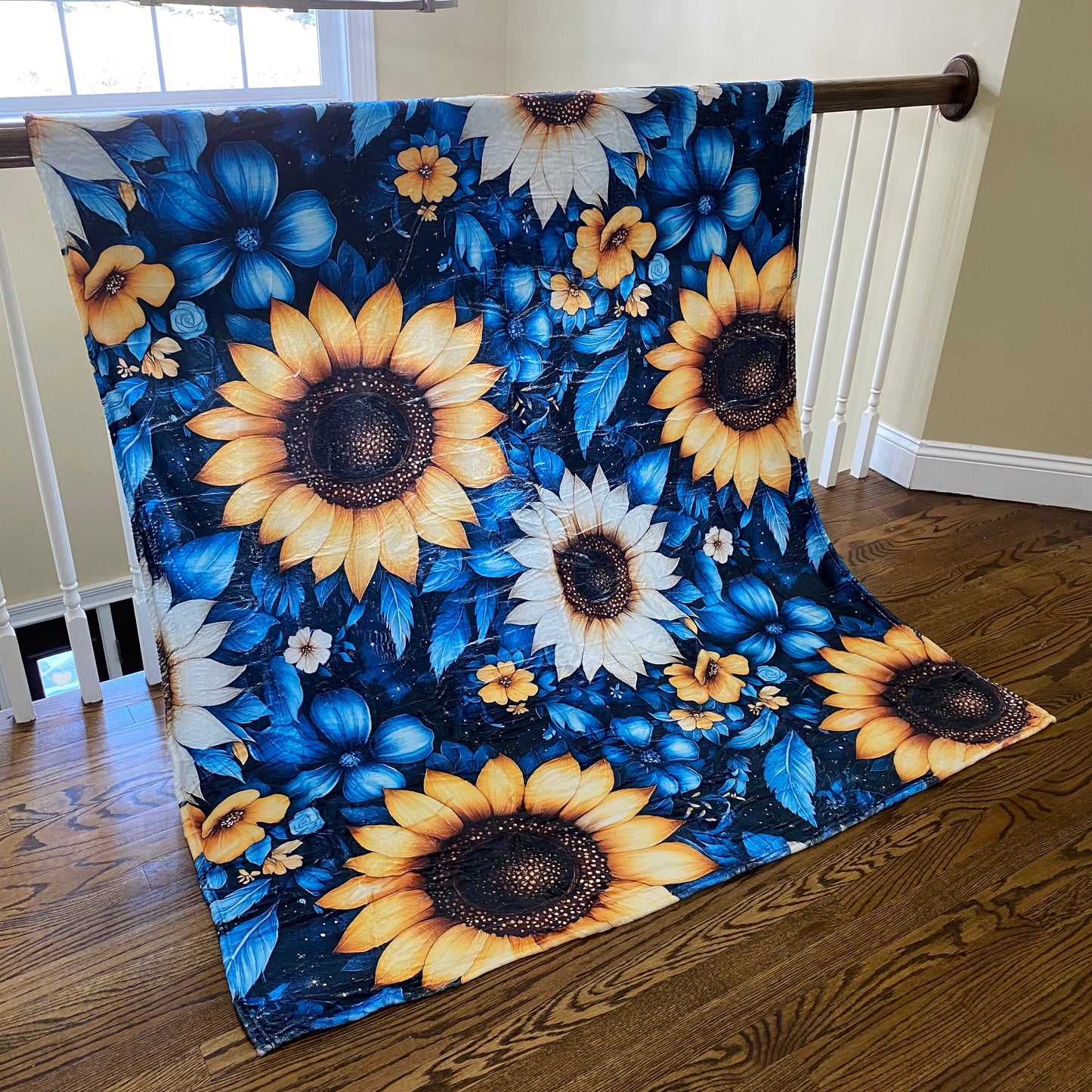 Blanket - Floral Blue Yellow White Sunflower
