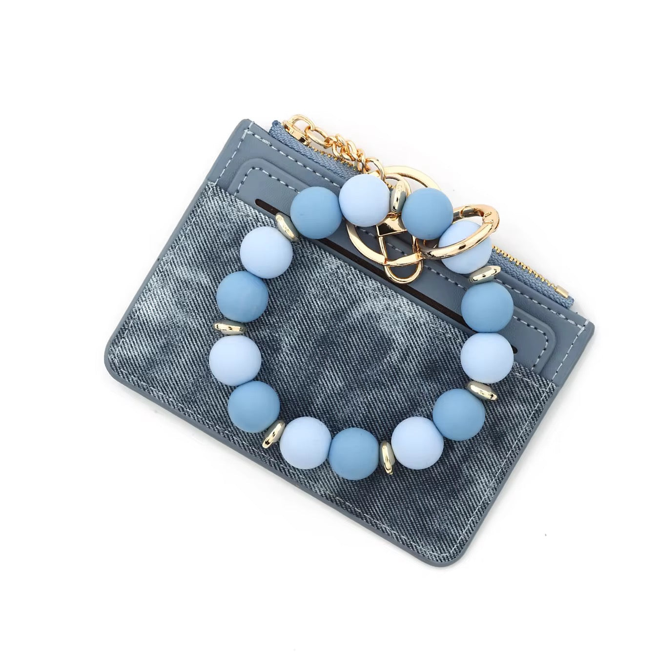 Denim Suede Bracelet Keychain & Card Holder Wallet