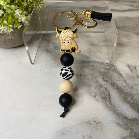 Keychain - Silicone Bead - Highland Cow - Black