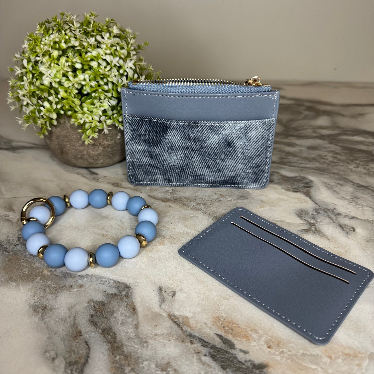 Denim Suede Bracelet Keychain & Card Holder Wallet