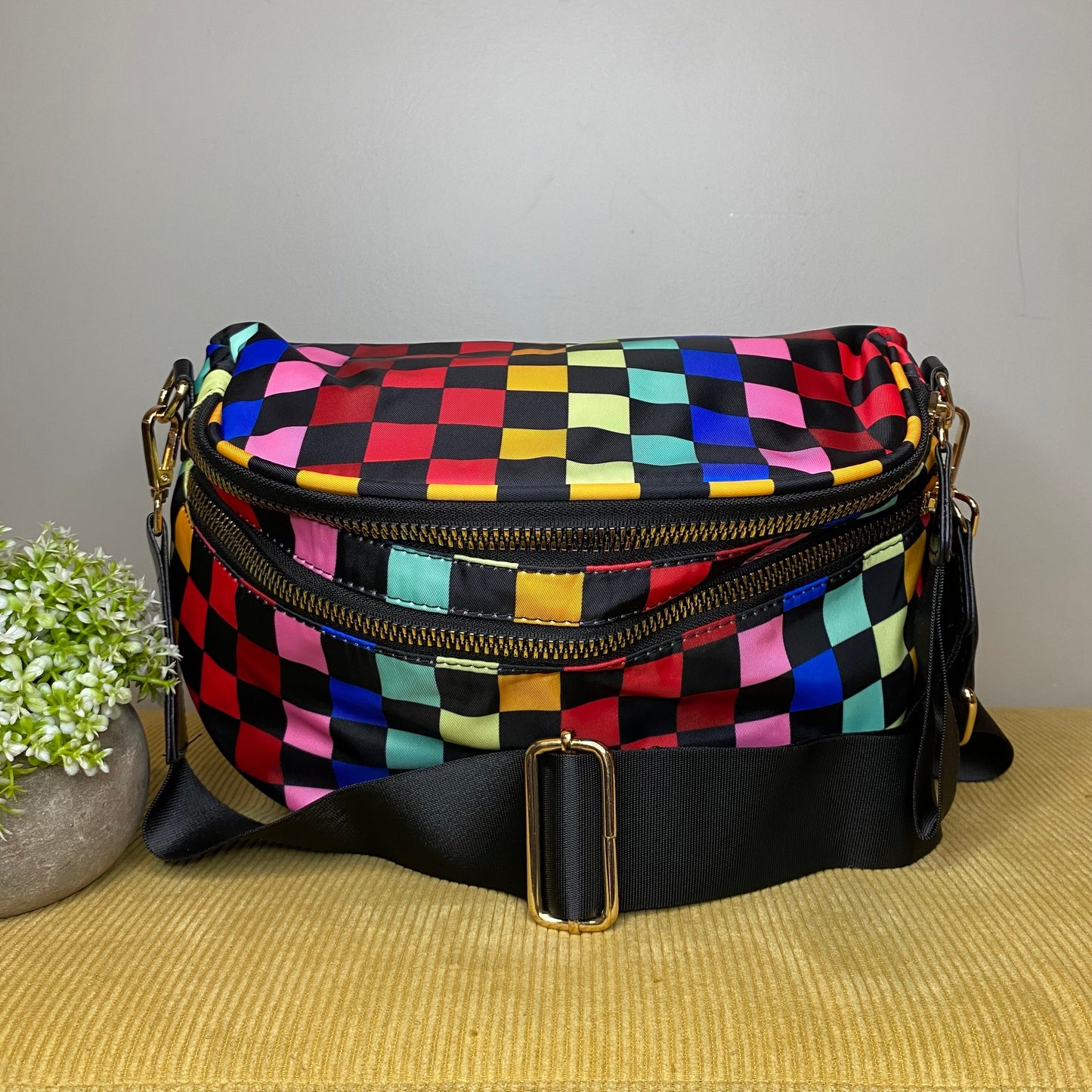 The Roni Nylon Crossbody - Checkered Colorful Black