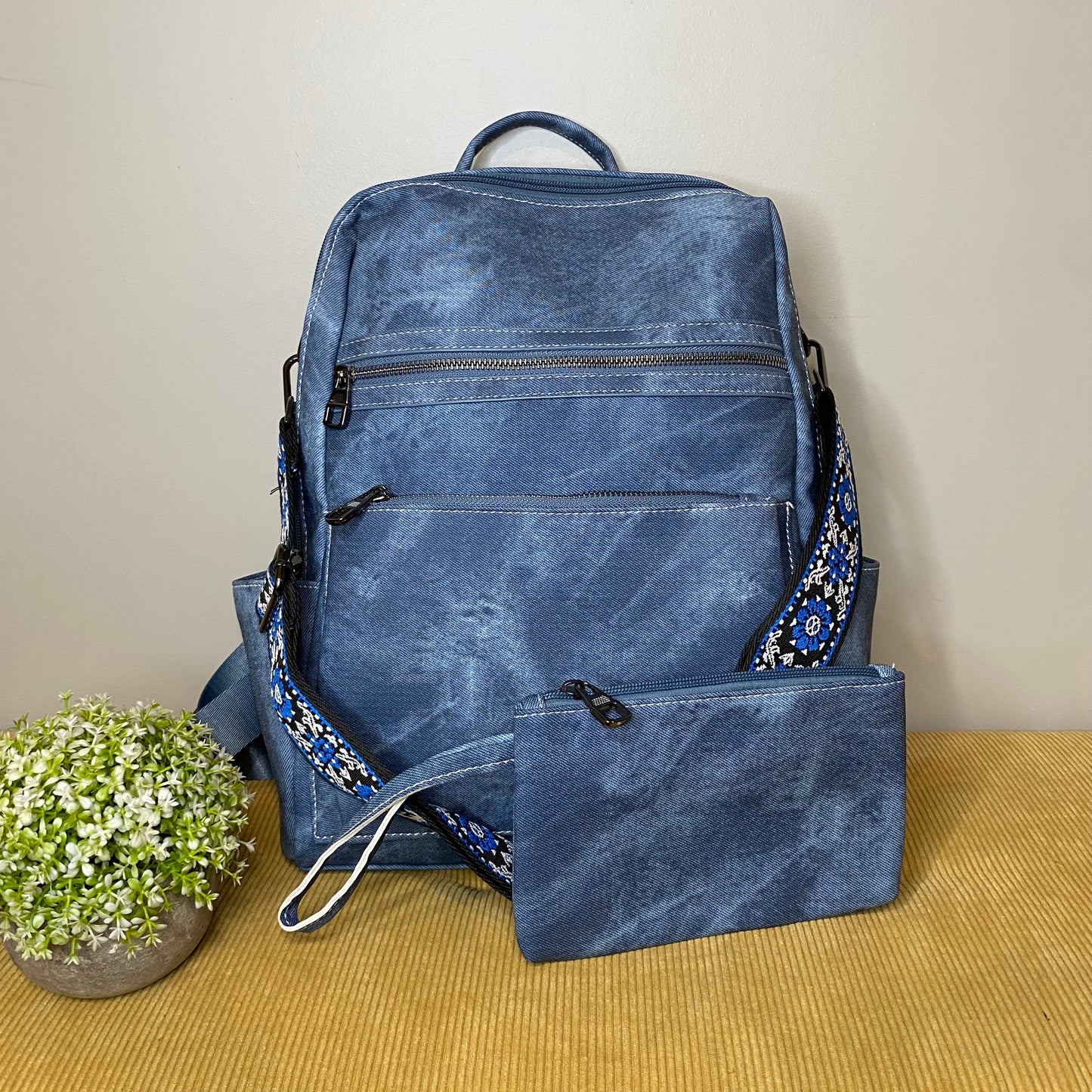 Denim Suede Brooke Backpack + Pouch