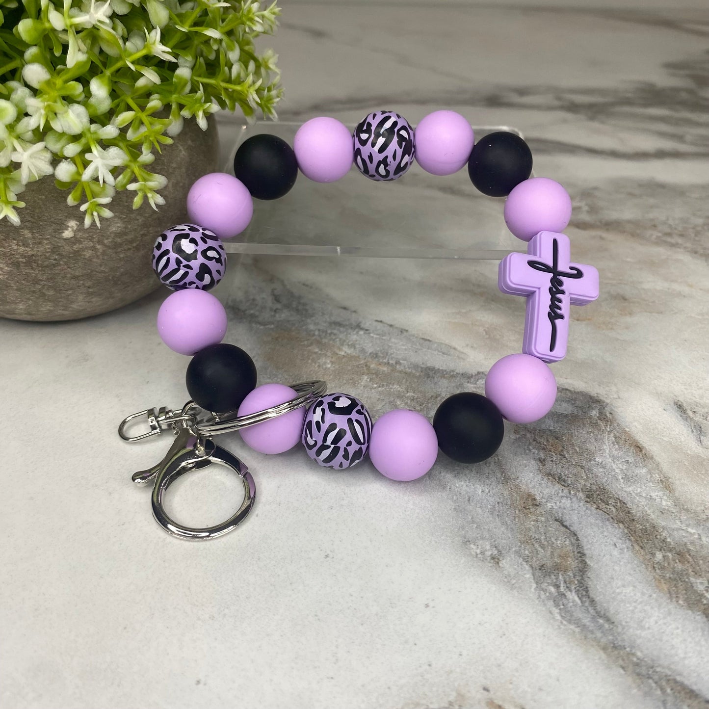 Silicone & Wood Bracelet Keychain - Religious, Jesus, Purple