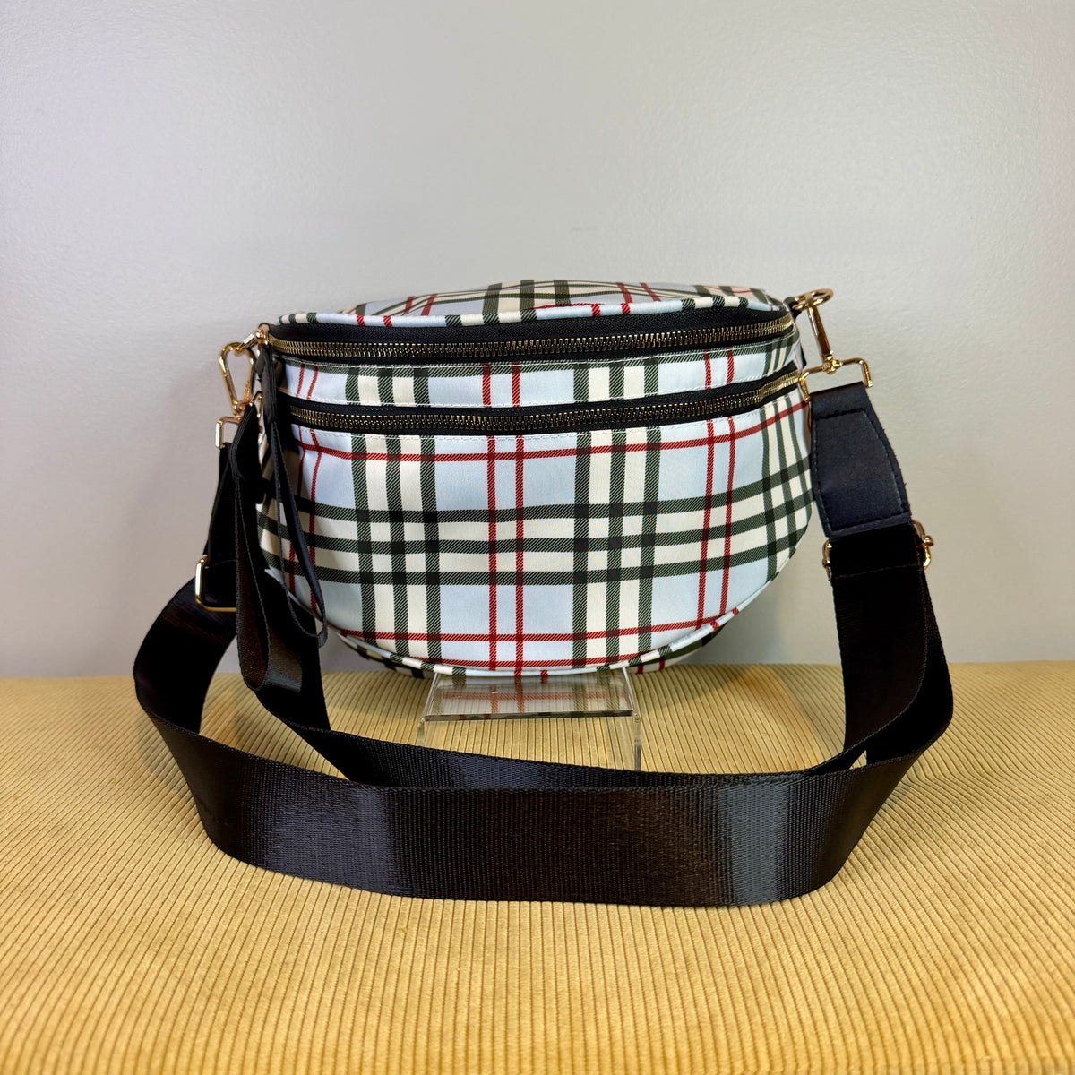 The Roni Nylon Crossbody - Plaid Blue Tan