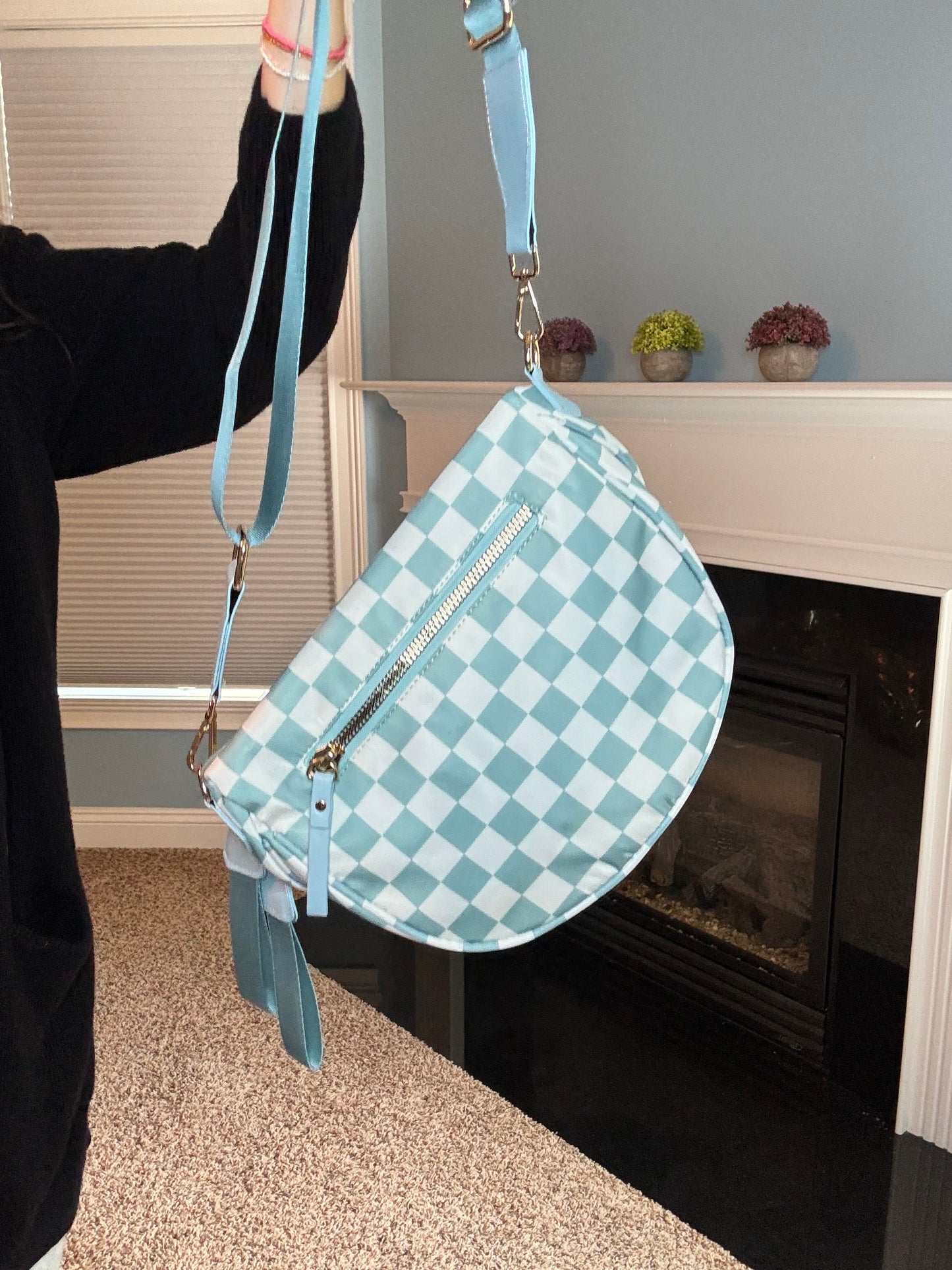 The Roni Nylon Crossbody - Checkered Aqua
