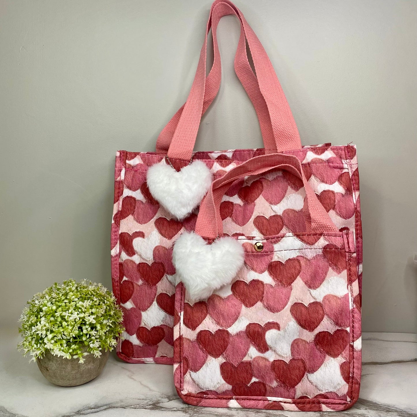 Tote Bag - Heart Dark Pink + White