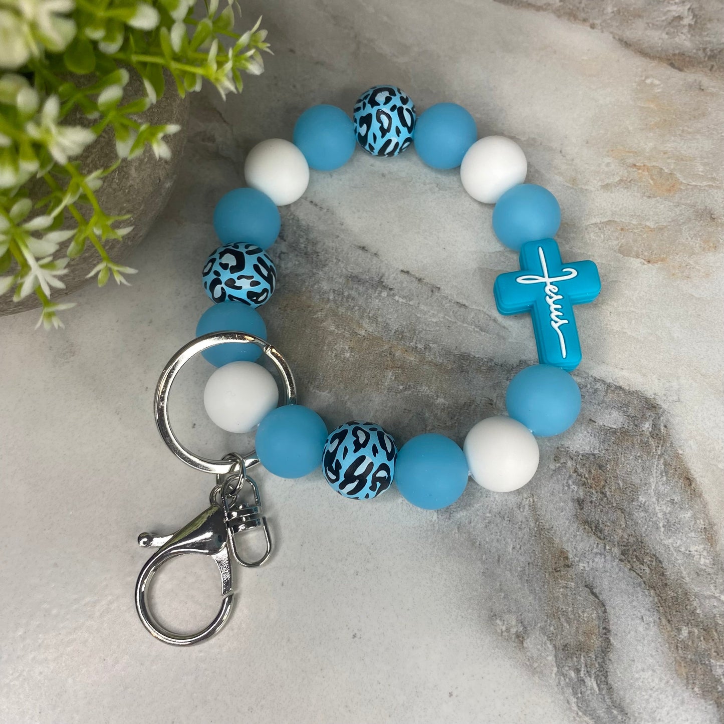 Silicone & Wood Bracelet Keychain - Religious, Jesus, Light Blue