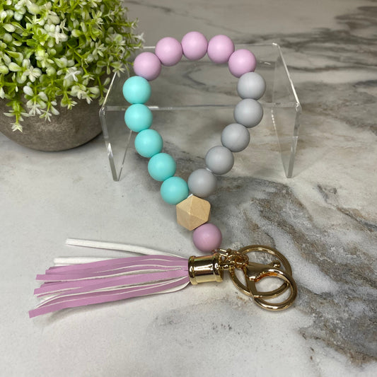 Silicone Bracelet Keychain with Wood Bead & Tassel - Lavender & Aqua